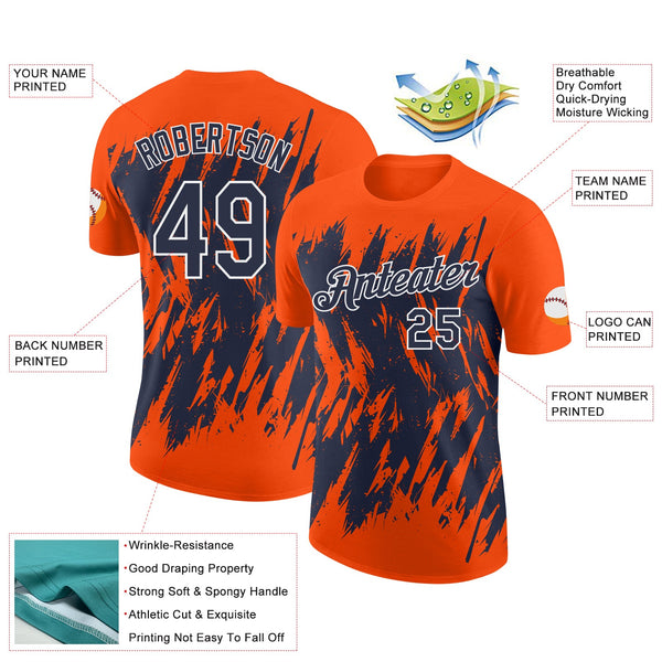 Custom Orange Navy-White Torn Sharp Brush Stroke Splatter Performance T-Shirt alternate