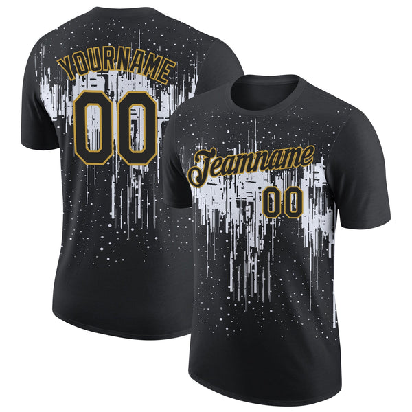 Custom Black White-Old Gold Dripping Splatter Paint Performance T-Shirt
