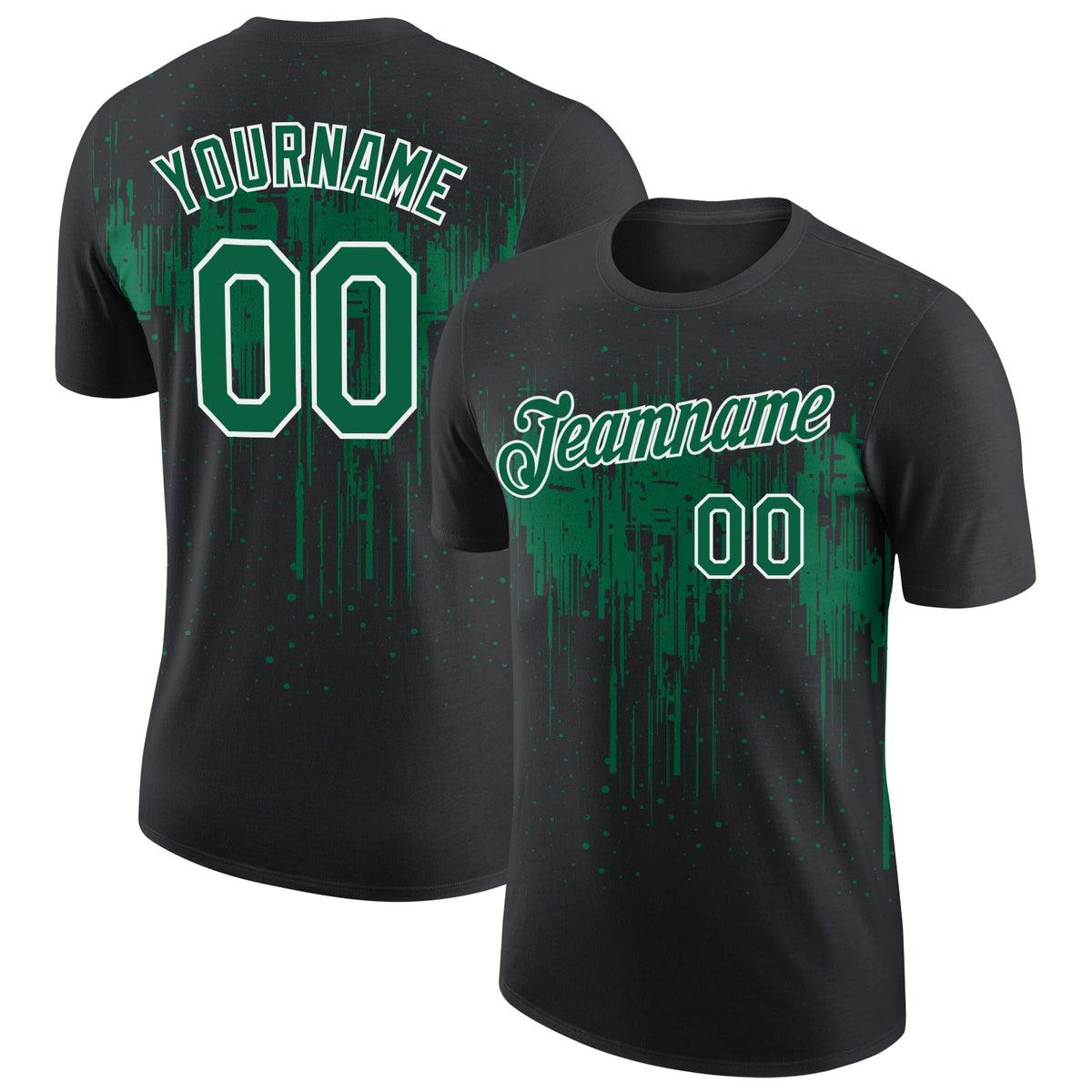 Custom Black Kelly Green-White Dripping Splatter Paint Performance T-Shirt
