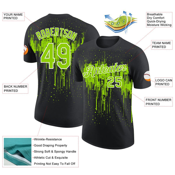 Custom Black Neon Green-White Dripping Splatter Paint Performance T-Shirt alternate
