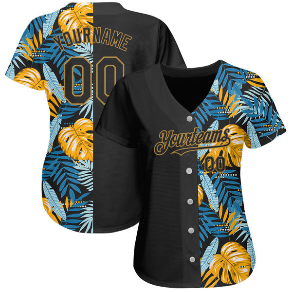 Custom Black Old Gold 3D Pattern Design Hawaii Tropical Leaves Authentic Baseball Jersey alternate