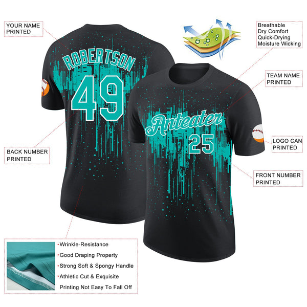 Custom Black Aqua-White Dripping Splatter Paint Performance T-Shirt alternate