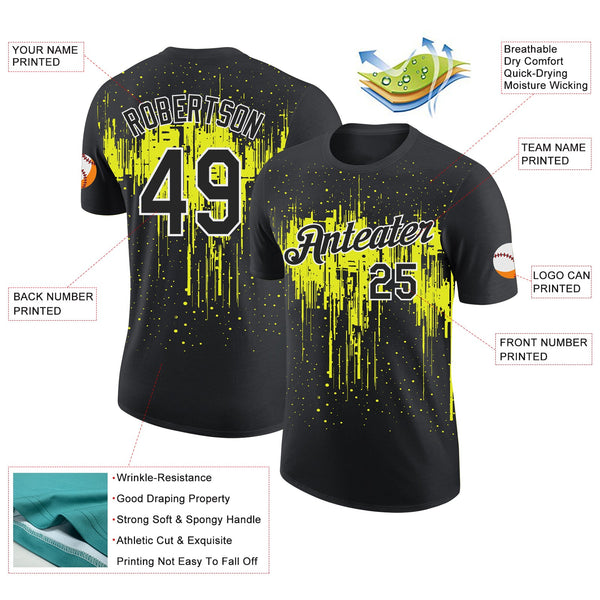 Custom Black Neon Yellow-White Dripping Splatter Paint Performance T-Shirt alternate