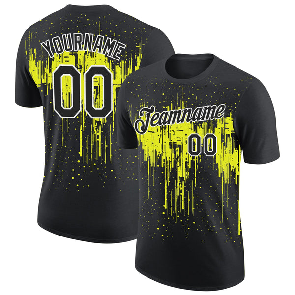 Custom Black Neon Yellow-White Dripping Splatter Paint Performance T-Shirt