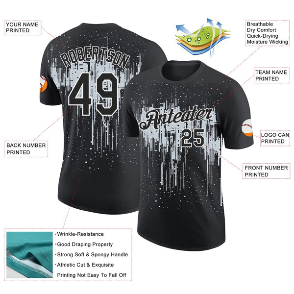Custom Black Silver-White Dripping Splatter Paint Performance T-Shirt alternate