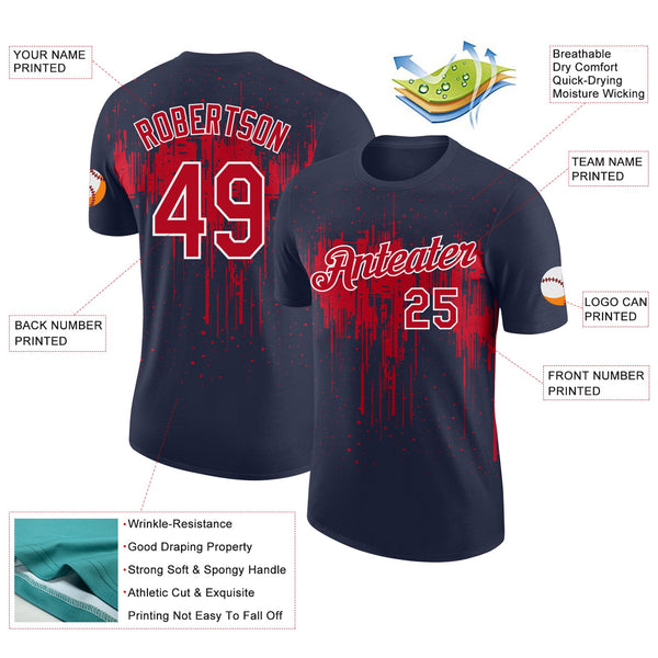 Custom Navy Red-White Dripping Splatter Paint Performance T-Shirt alternate