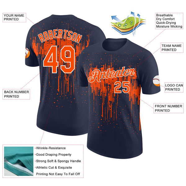 Custom Navy Orange-White Dripping Splatter Paint Performance T-Shirt alternate