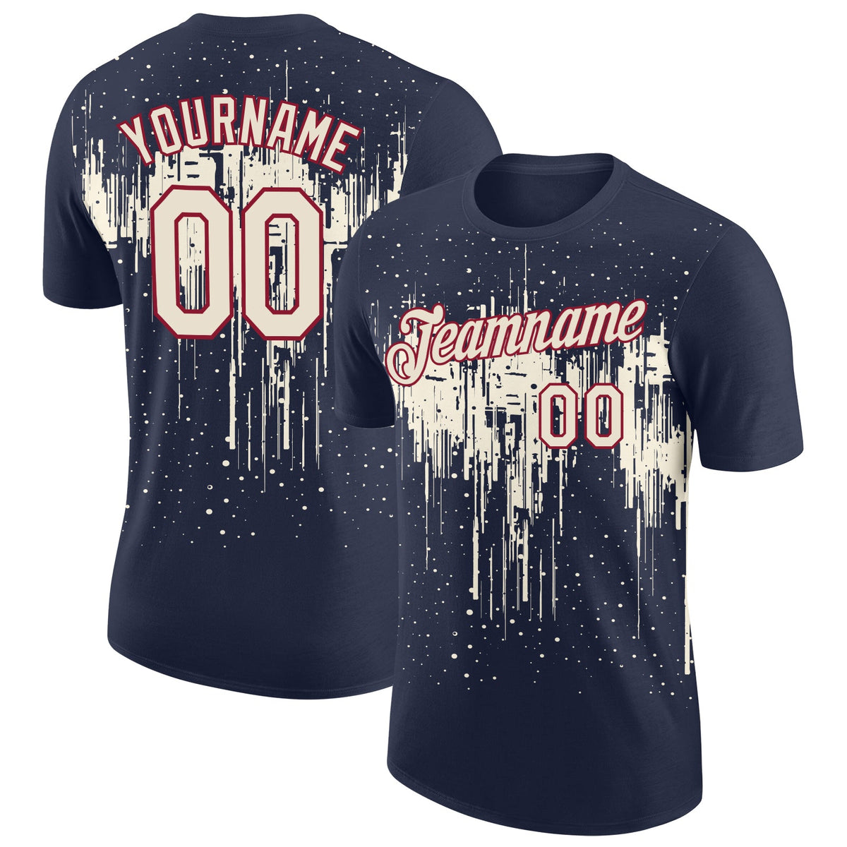 Custom Navy Cream-Crimson Dripping Splatter Paint Performance T-Shirt