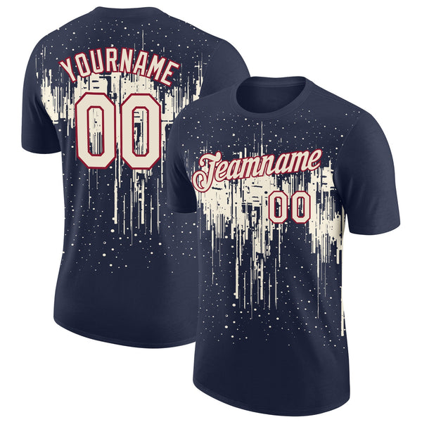 Custom Navy Cream-Crimson Dripping Splatter Paint Performance T-Shirt