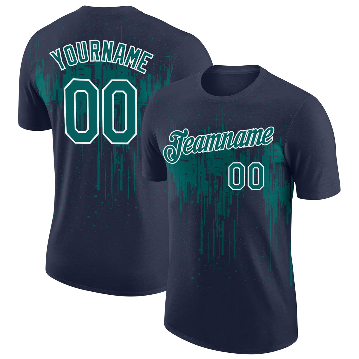 Custom Navy Teal-White Dripping Splatter Paint Performance T-Shirt