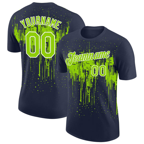 Custom Navy Neon Green-White Dripping Splatter Paint Performance T-Shirt