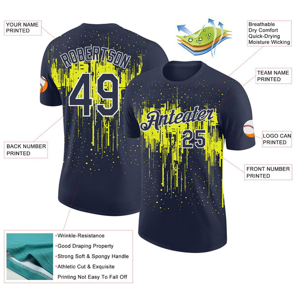 Custom Navy Neon Yellow-White Dripping Splatter Paint Performance T-Shirt alternate