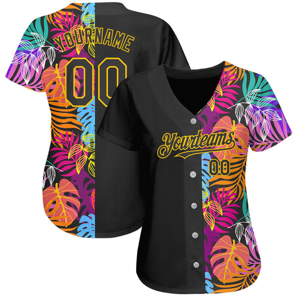 Custom Black Yellow 3D Pattern Design Hawaii Tropical Palm Trees Authentic Baseball Jersey alternate