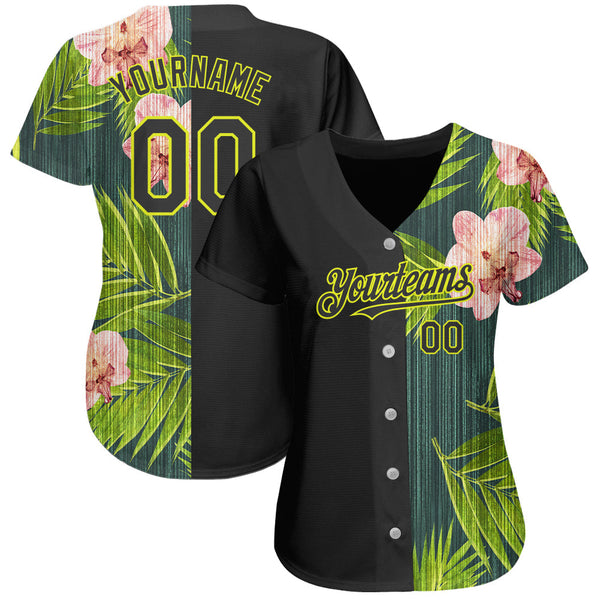 Custom Black Neon Yellow 3D Pattern Design Hawaii Tropical Palm Leaves With Orchids Authentic Baseball Jersey alternate