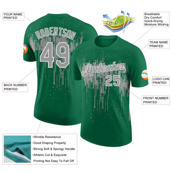Custom Kelly Green Gray-White Dripping Splatter Paint Performance T-Shirt alternate