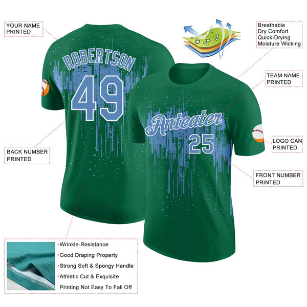 Custom Kelly Green Light Blue-White Dripping Splatter Paint Performance T-Shirt alternate