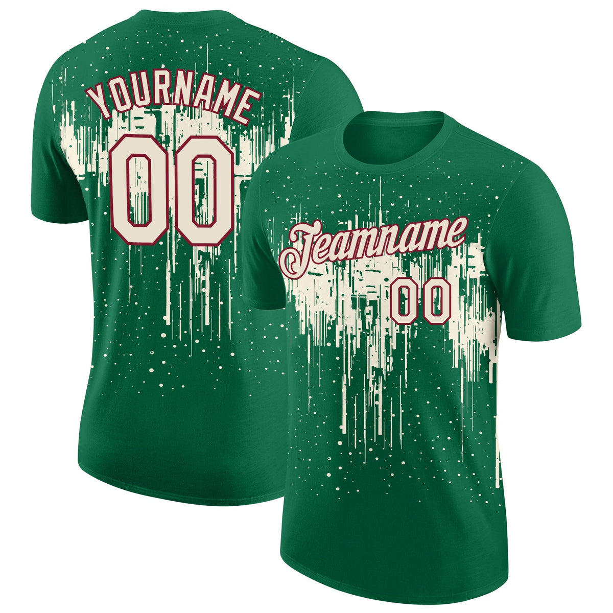 Custom Kelly Green Cream-Crimson Dripping Splatter Paint Performance T-Shirt