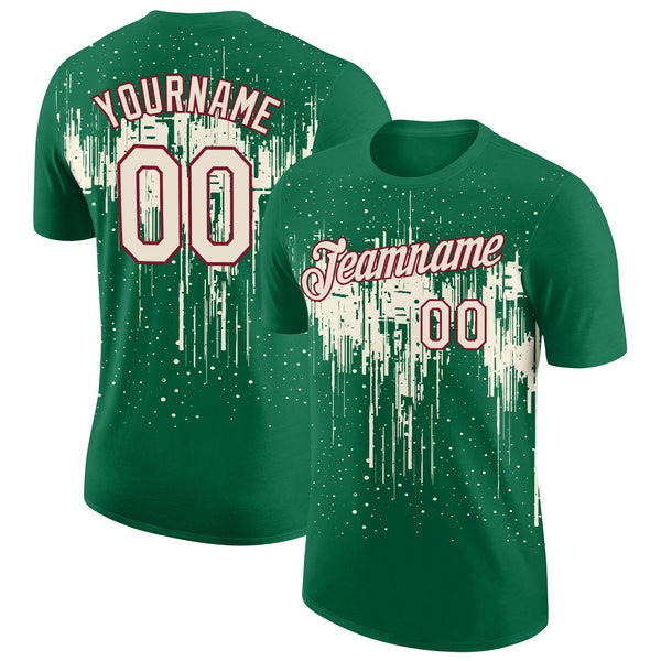 Custom Kelly Green Cream-Crimson Dripping Splatter Paint Performance T-Shirt