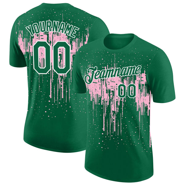 Custom Kelly Green Light Pink-White Dripping Splatter Paint Performance T-Shirt