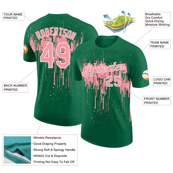 Custom Kelly Green Medium Pink-White Dripping Splatter Paint Performance T-Shirt alternate