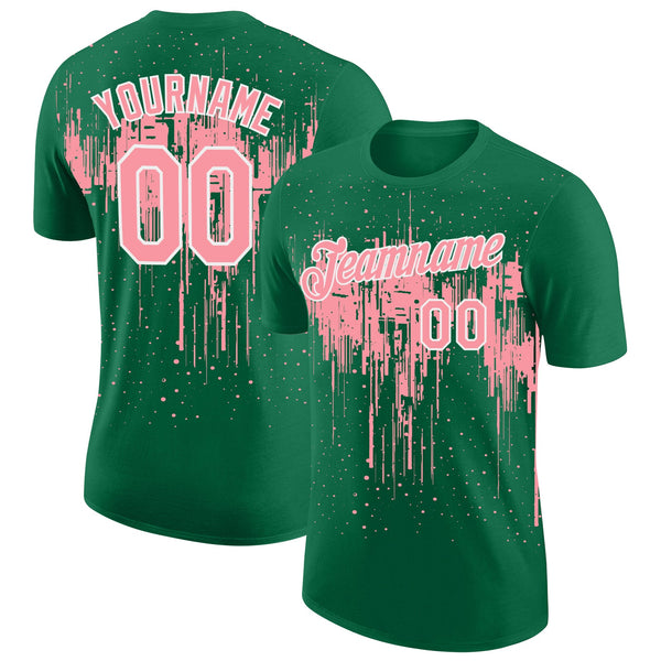 Custom Kelly Green Medium Pink-White Dripping Splatter Paint Performance T-Shirt