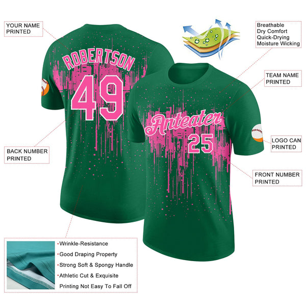 Custom Kelly Green Pink-White Dripping Splatter Paint Performance T-Shirt alternate