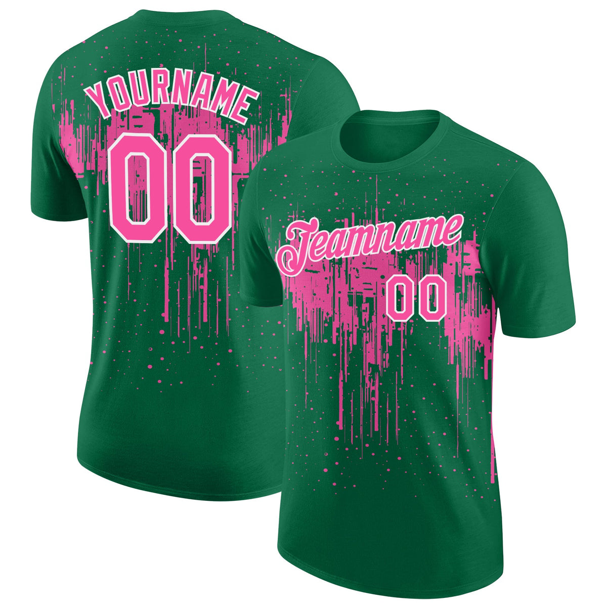 Custom Kelly Green Pink-White Dripping Splatter Paint Performance T-Shirt