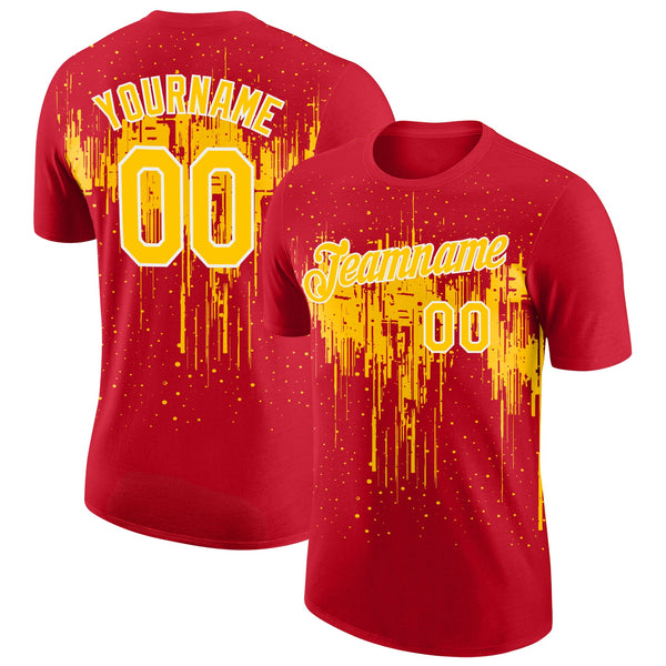 Custom Red Yellow-White Dripping Splatter Paint Performance T-Shirt