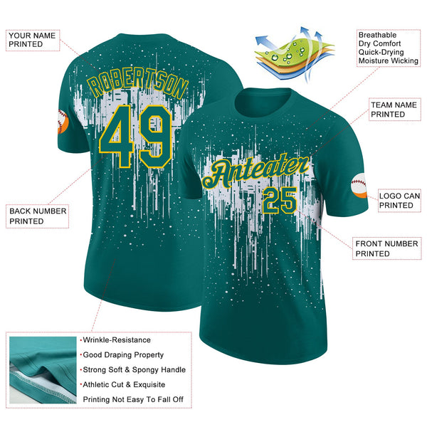 Custom Teal White-Yellow Dripping Splatter Paint Performance T-Shirt alternate