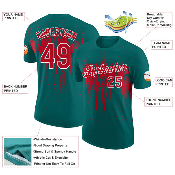 Custom Teal Red-White Dripping Splatter Paint Performance T-Shirt alternate