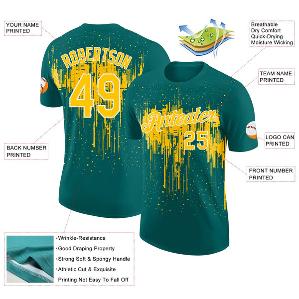 Custom Teal Yellow-White Dripping Splatter Paint Performance T-Shirt alternate