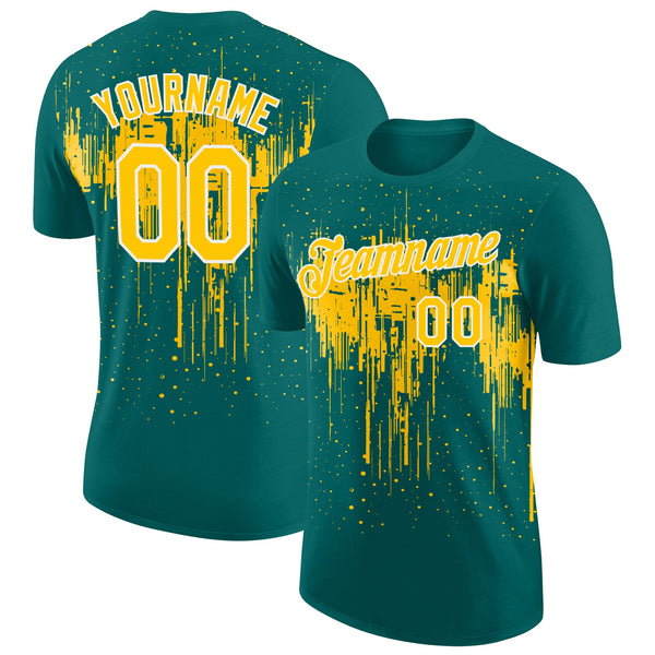 Custom Teal Yellow-White Dripping Splatter Paint Performance T-Shirt