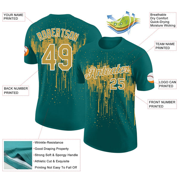 Custom Teal Old Gold-White Dripping Splatter Paint Performance T-Shirt alternate