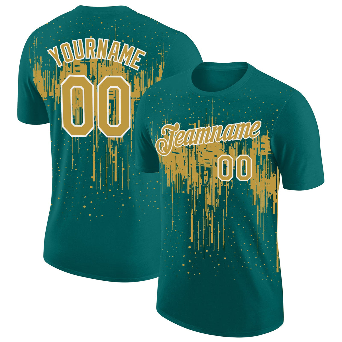 Custom Teal Old Gold-White Dripping Splatter Paint Performance T-Shirt