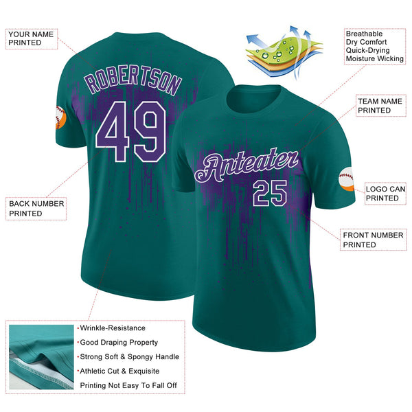 Custom Teal Purple-White Dripping Splatter Paint Performance T-Shirt alternate