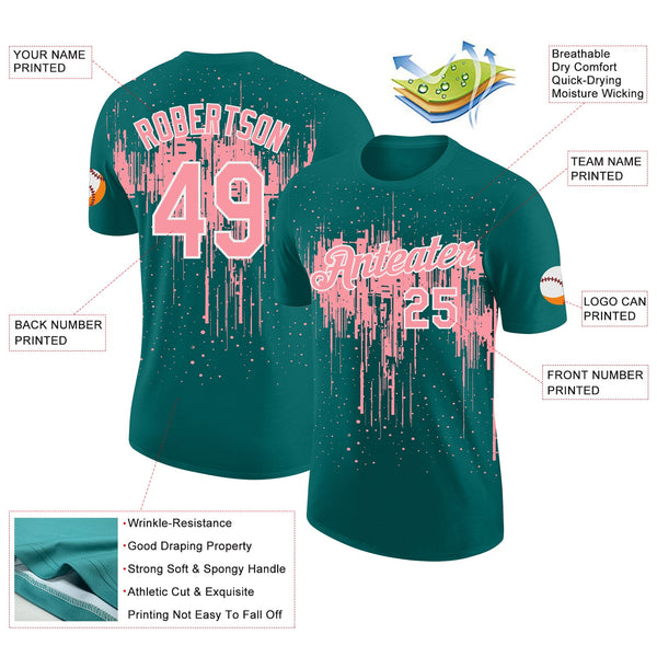 Custom Teal Medium Pink-White Dripping Splatter Paint Performance T-Shirt alternate