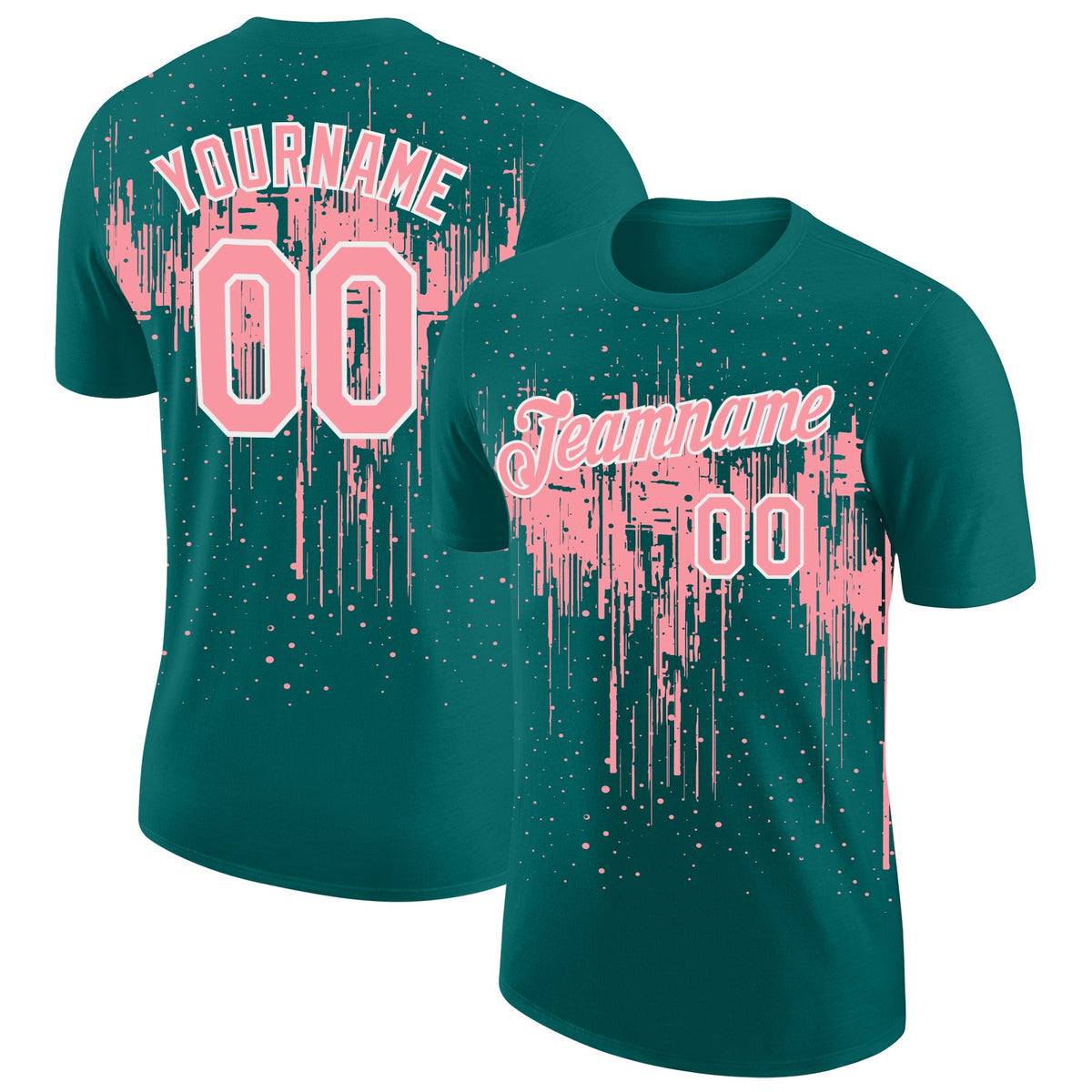Custom Teal Medium Pink-White Dripping Splatter Paint Performance T-Shirt