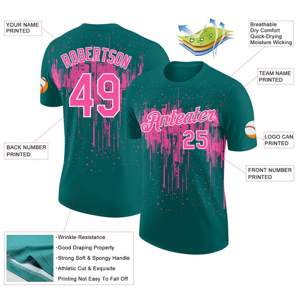 Custom Teal Pink-White Dripping Splatter Paint Performance T-Shirt alternate