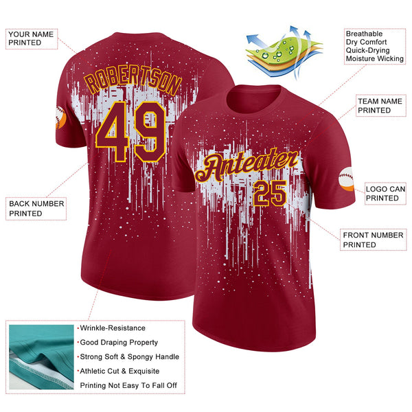Custom Crimson White-Yellow Dripping Splatter Paint Performance T-Shirt alternate