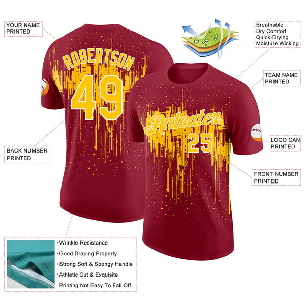 Custom Crimson Yellow-White Dripping Splatter Paint Performance T-Shirt alternate