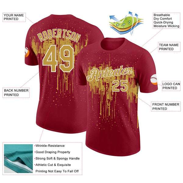 Custom Crimson Old Gold-White Dripping Splatter Paint Performance T-Shirt alternate