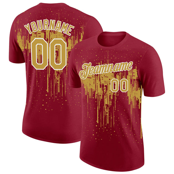 Custom Crimson Old Gold-White Dripping Splatter Paint Performance T-Shirt