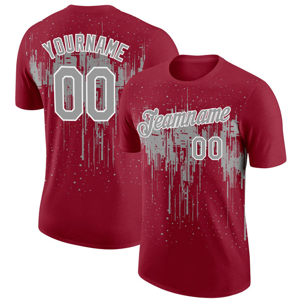 Custom Crimson Gray-White Dripping Splatter Paint Performance T-Shirt