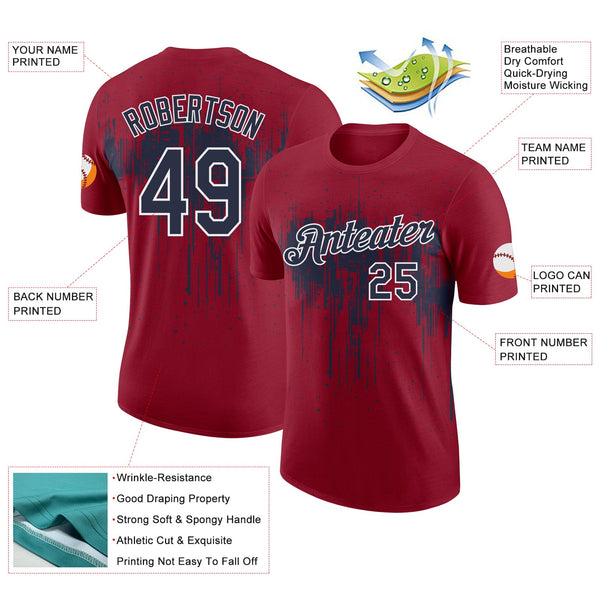 Custom Crimson Navy-White Dripping Splatter Paint Performance T-Shirt alternate