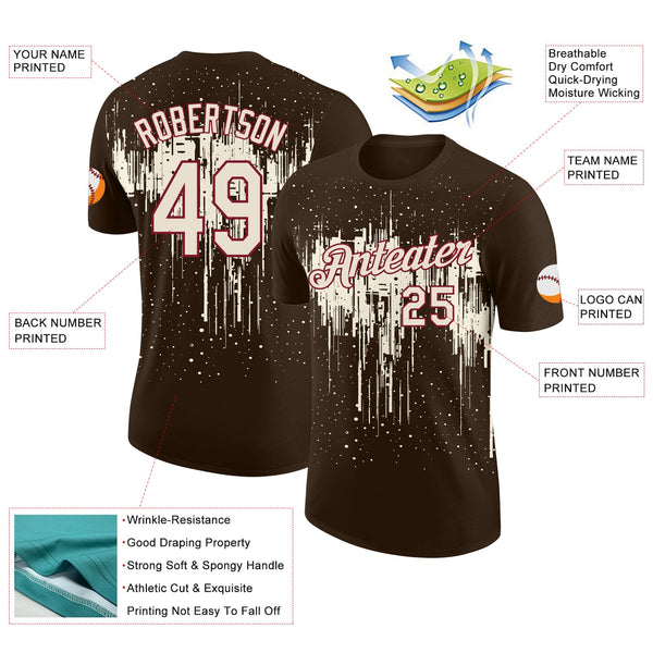 Custom Brown Cream-Crimson Dripping Splatter Paint Performance T-Shirt alternate
