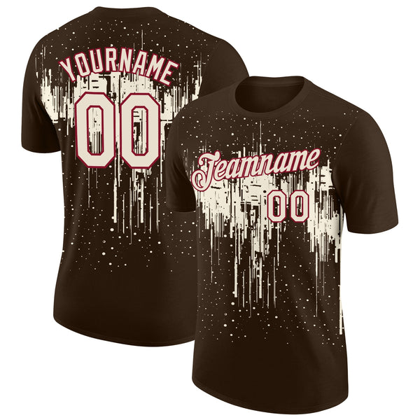 Custom Brown Cream-Crimson Dripping Splatter Paint Performance T-Shirt