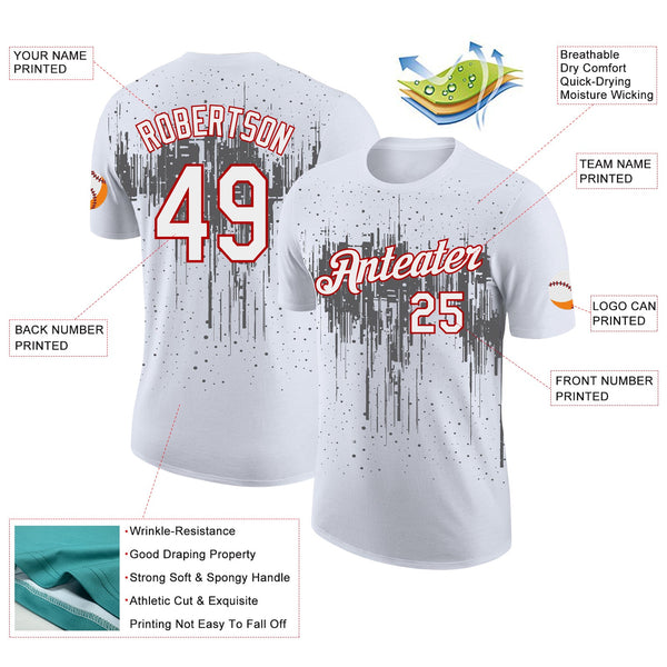 Custom White Steel Gray-Red Dripping Splatter Paint Performance T-Shirt alternate