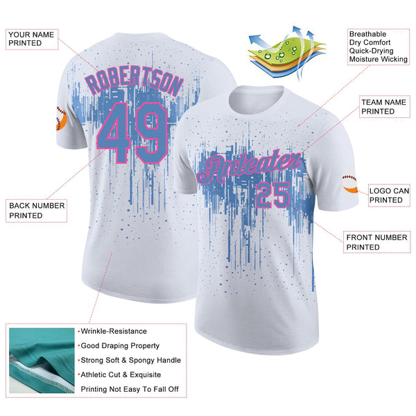 Custom White Light Blue-Pink Dripping Splatter Paint Performance T-Shirt alternate