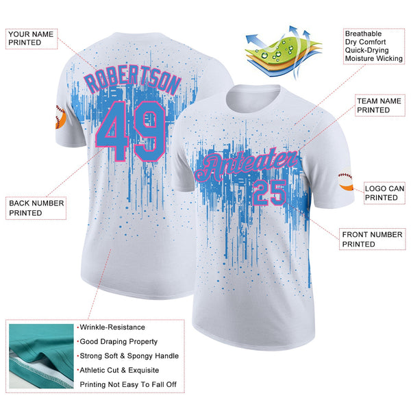 Custom White Powder Blue-Pink Dripping Splatter Paint Performance T-Shirt alternate
