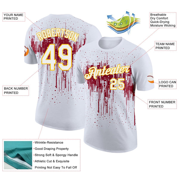 Custom White Crimson-Yellow Dripping Splatter Paint Performance T-Shirt alternate